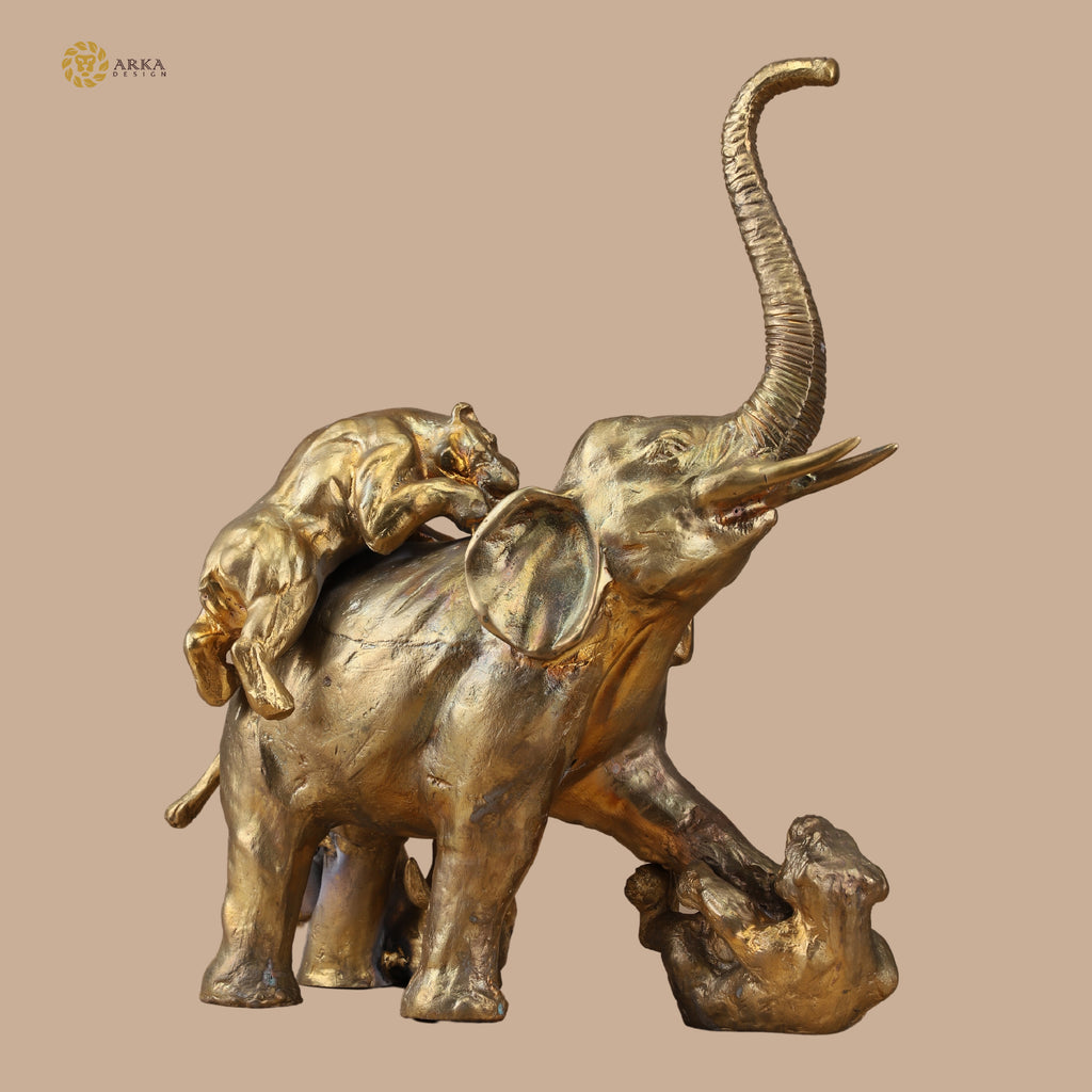 Arka Design Elephant and Tiger Frolic – Handcrafted Brass Wildlife Sculpture for Luxury Home Décor