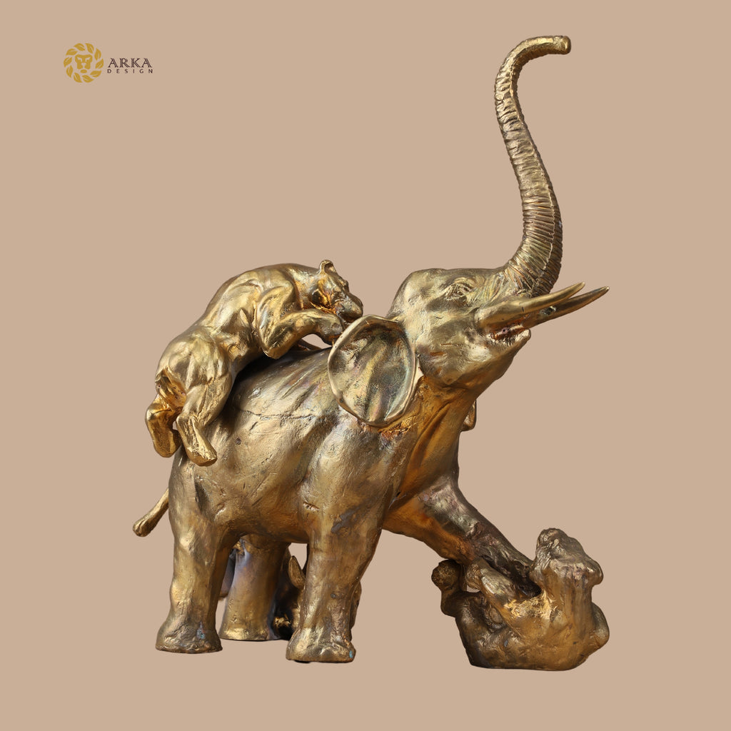 Arka Design Elephant and Tiger Frolic – Handcrafted Brass Wildlife Sculpture for Luxury Home Décor