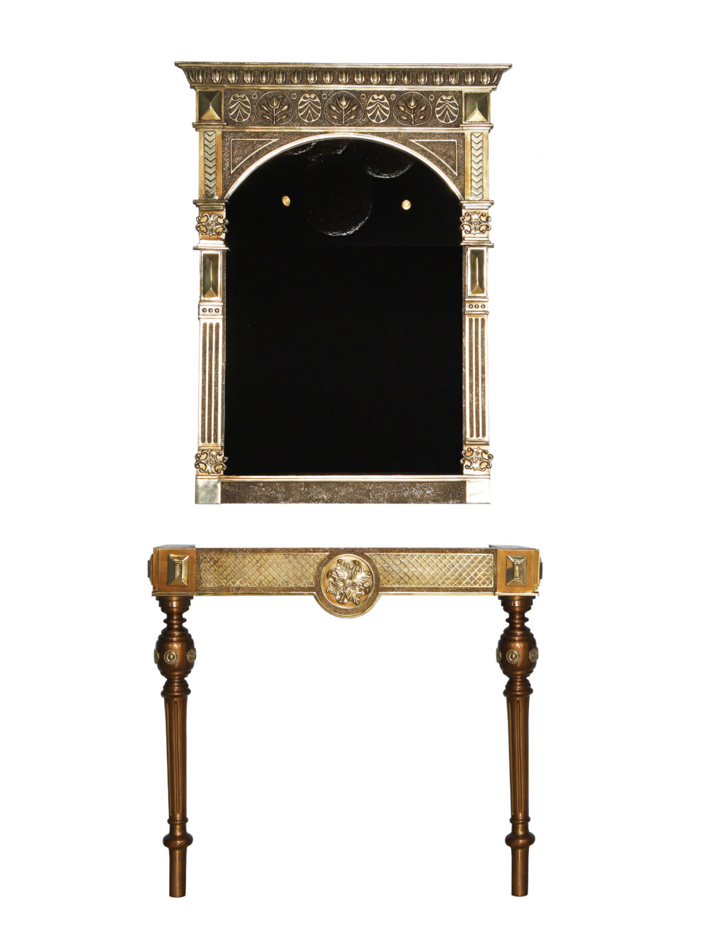 Wall and console mirror with marble top and cast brass frame